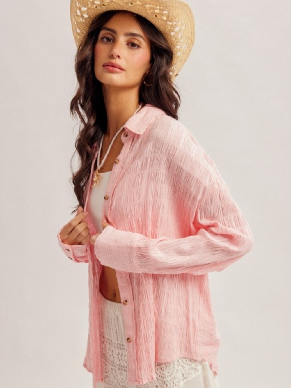 Textured Fabric Button Down Loose Fit Drop Shoulder Pink Shirt